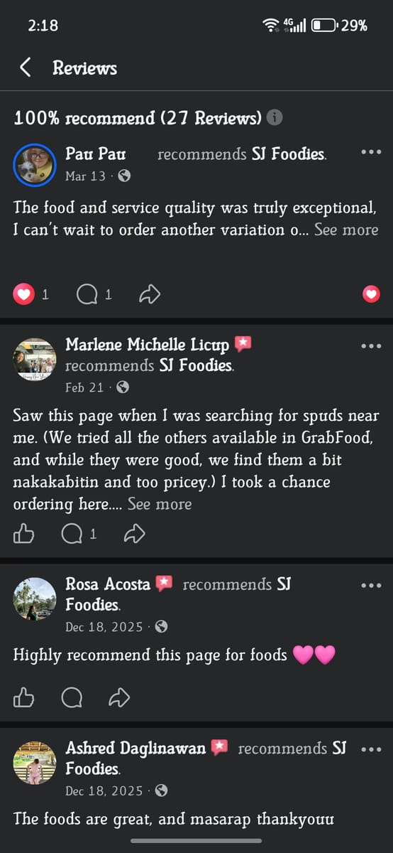 Customer testimonials for SJ Foodies best comfort food in Sta. Mesa