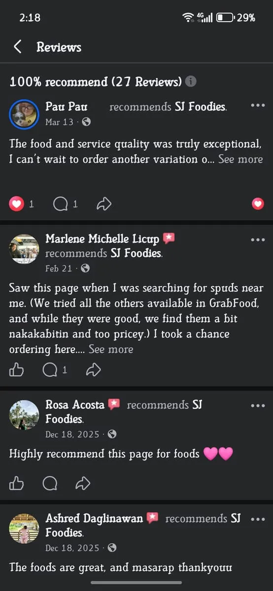 Customer testimonials for SJ Foodies best comfort food in Sta. Mesa