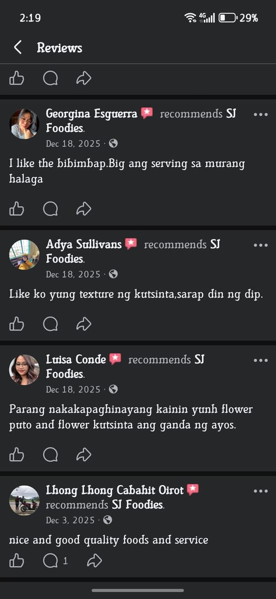 Satisfied customer feedback for SJ Foodies comfort food