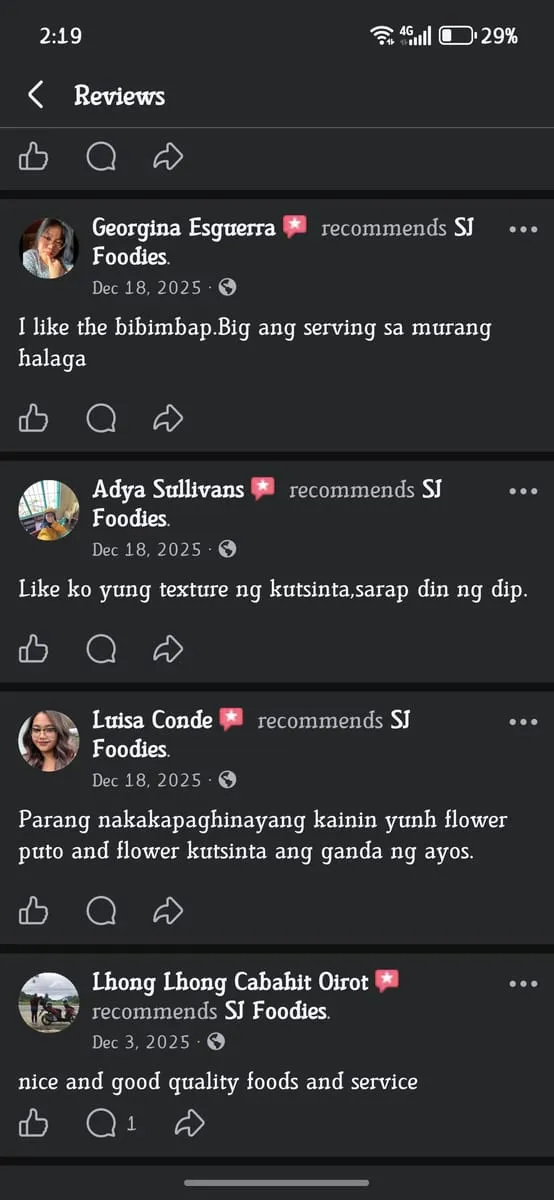 Satisfied customer feedback for SJ Foodies comfort food