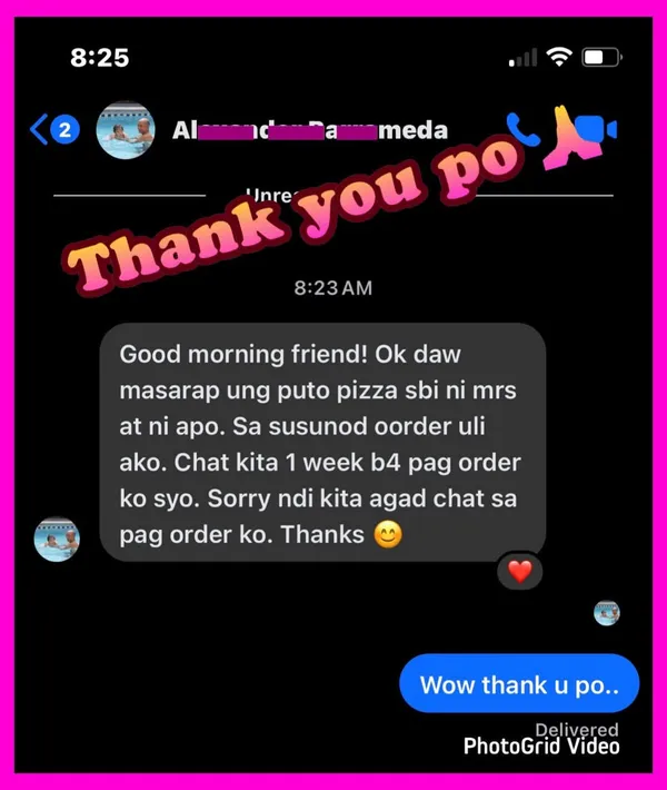 Customer review praising SJ Foodies comfort food delivery in Manila
