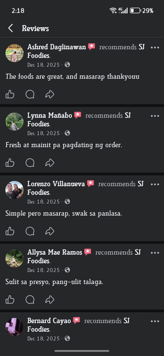 SJ Foodies Manila rated 100 percent recommended